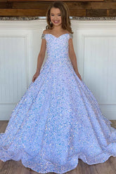 A-Line White Iridescent Sequin Girl Pageant Dress Off-the-Shoulder Mychicdress